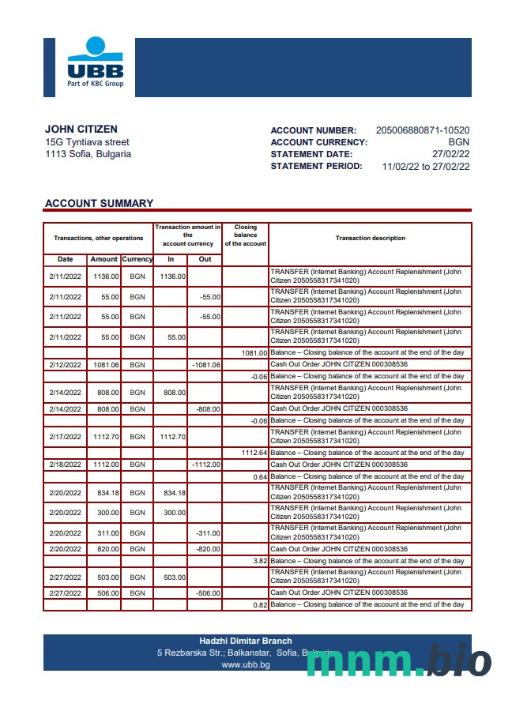 Bulgaria UBB bank proof of addres statement template w formacie Word i PDF format